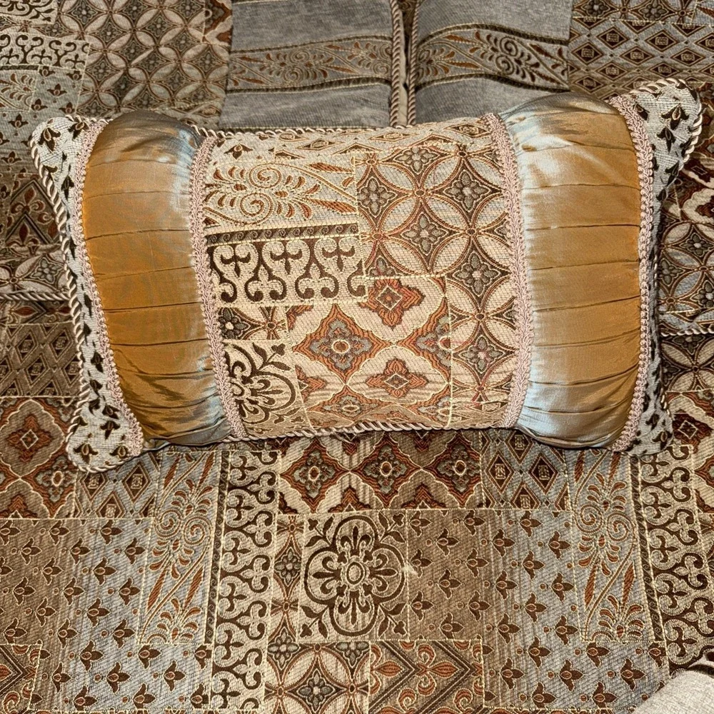 Vintage Brocade Fabric Bedspread Queen Shams Decorative Pillows Gold Tan Browns
